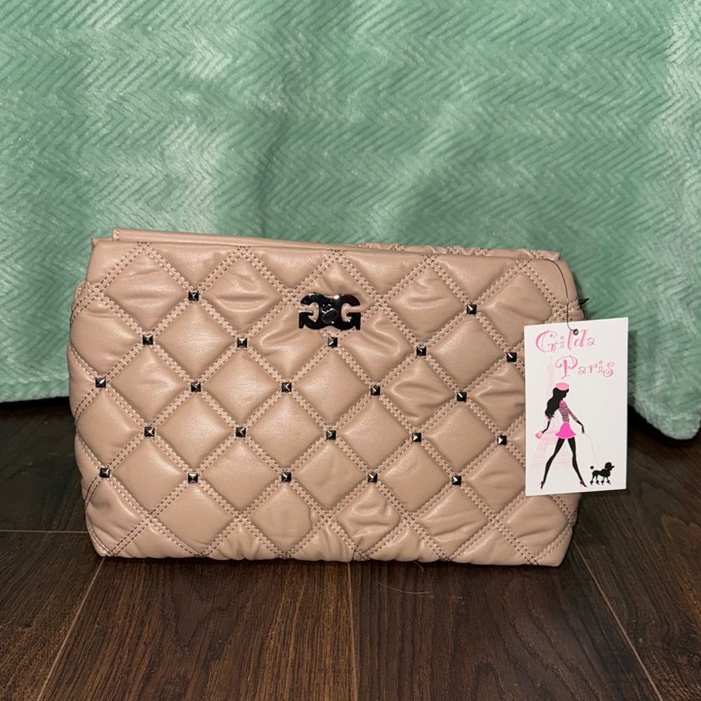 Gilda Paris Studded, Waffle Quilted Taupe Handbag Crossbody